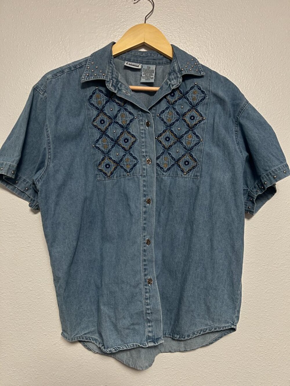 Vintage Capacity Embroidered Studded Denim Button Down Shirt Small Western Boho